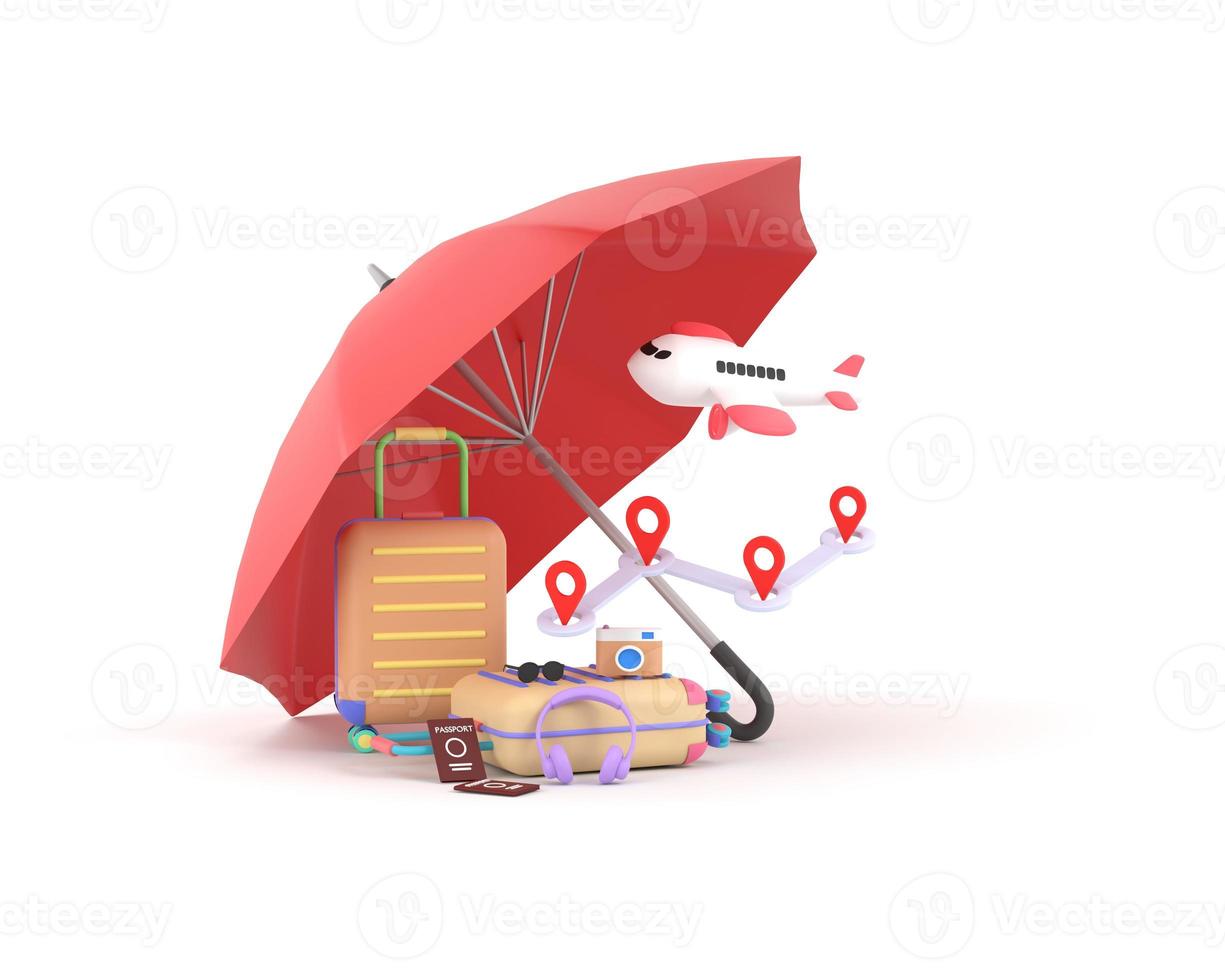 Travel insurance business concept. Red umbrella cover airplane and suitcases. photo
