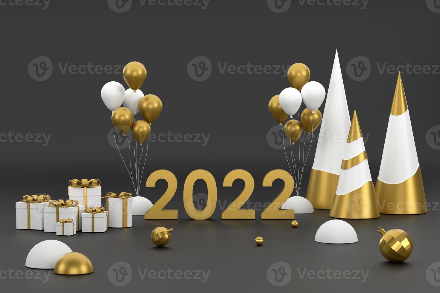 Golden 2022 Christmas tree ballon and podium for displaying products at the Christmas festival. black background photo