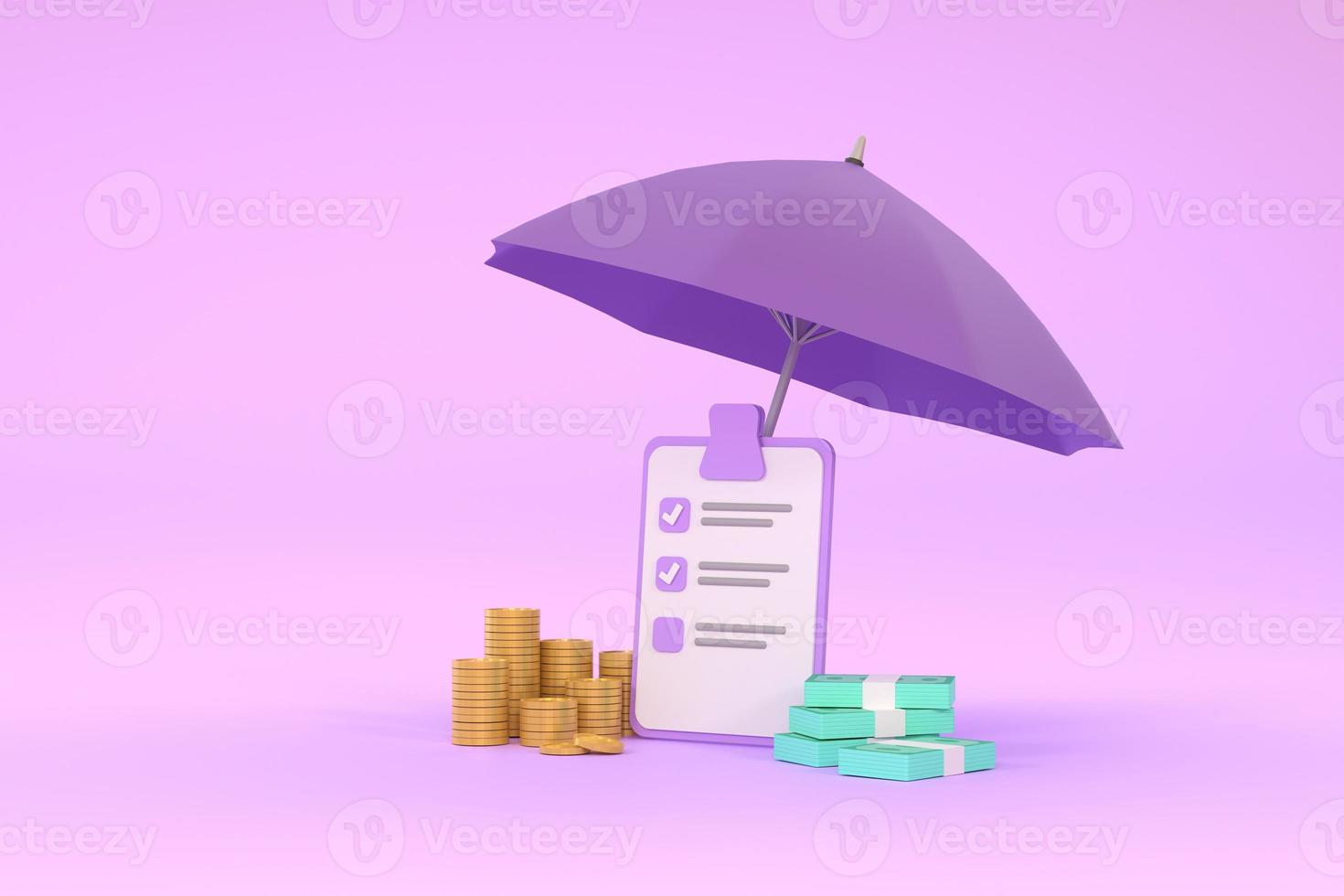 Piles of golden coins and banknotes under purple umbrella. photo