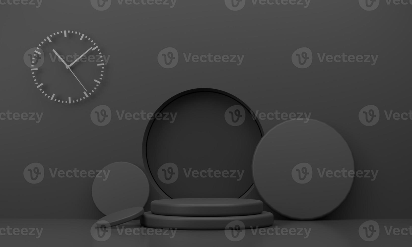Black podium and black circle plate behind it is a wall with a clock. Adding luxury to the display photo