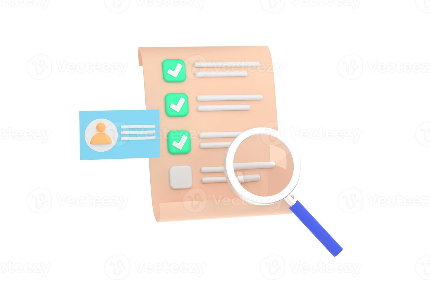 Id card with magnifying glass, checklist paper, recruitment staff, human resources, job search, job application photo