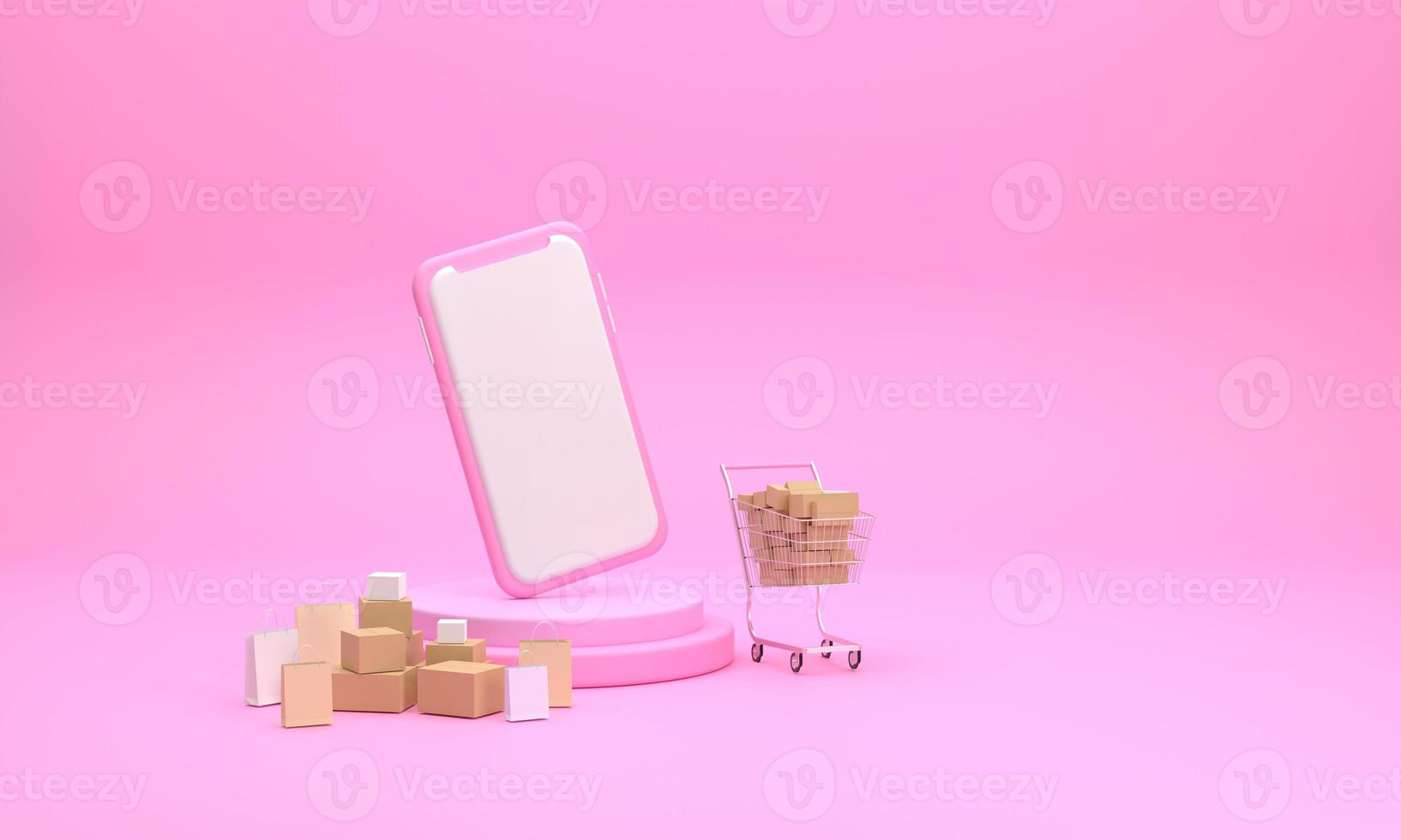 Online shopping with a mobile phone with a cart in the supermarket and parcel box as a component on pink background.concept photo