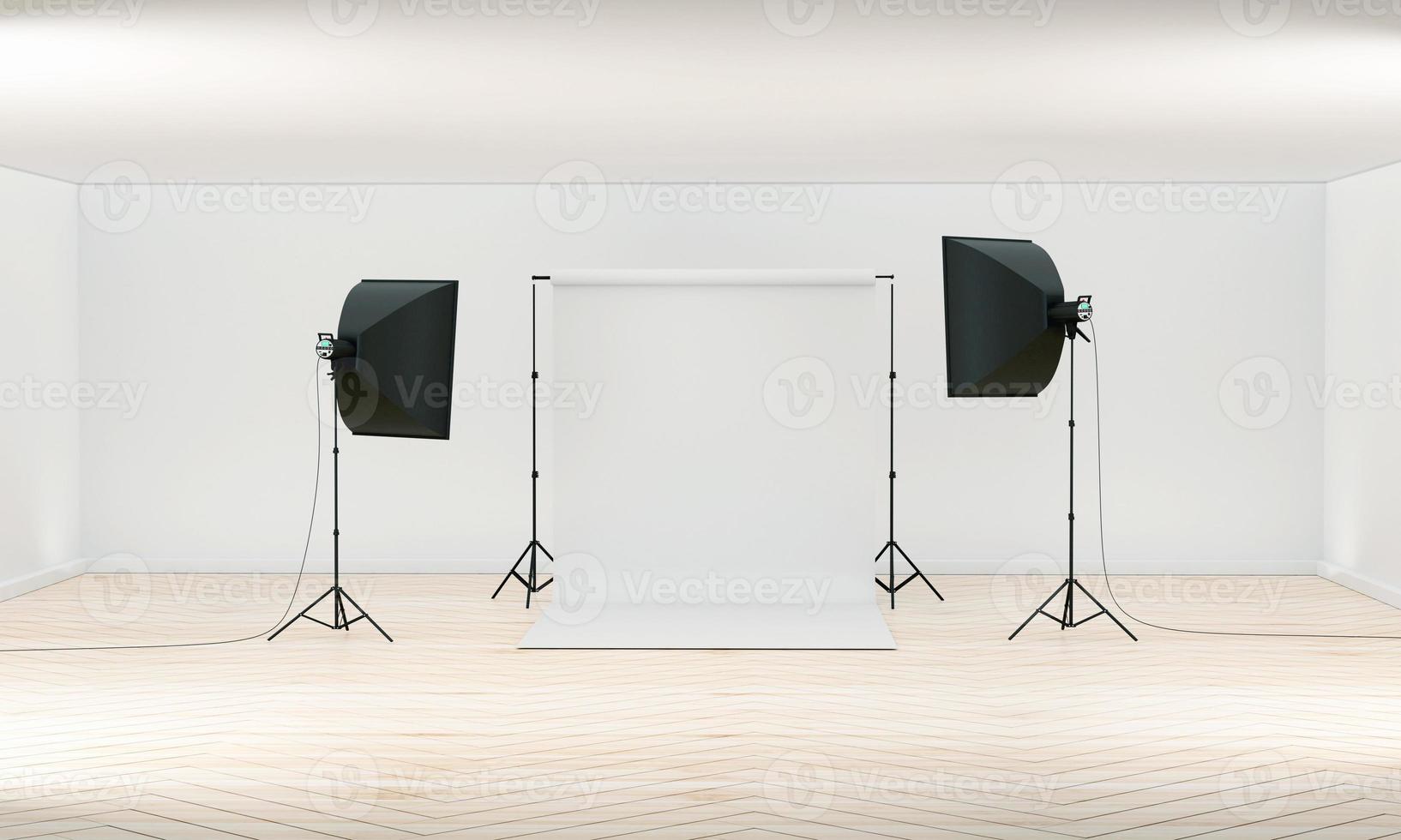 3D Photography studio. Photo studio white blank background with soft box light, camera, tripod and backdrop. Isolated on white background