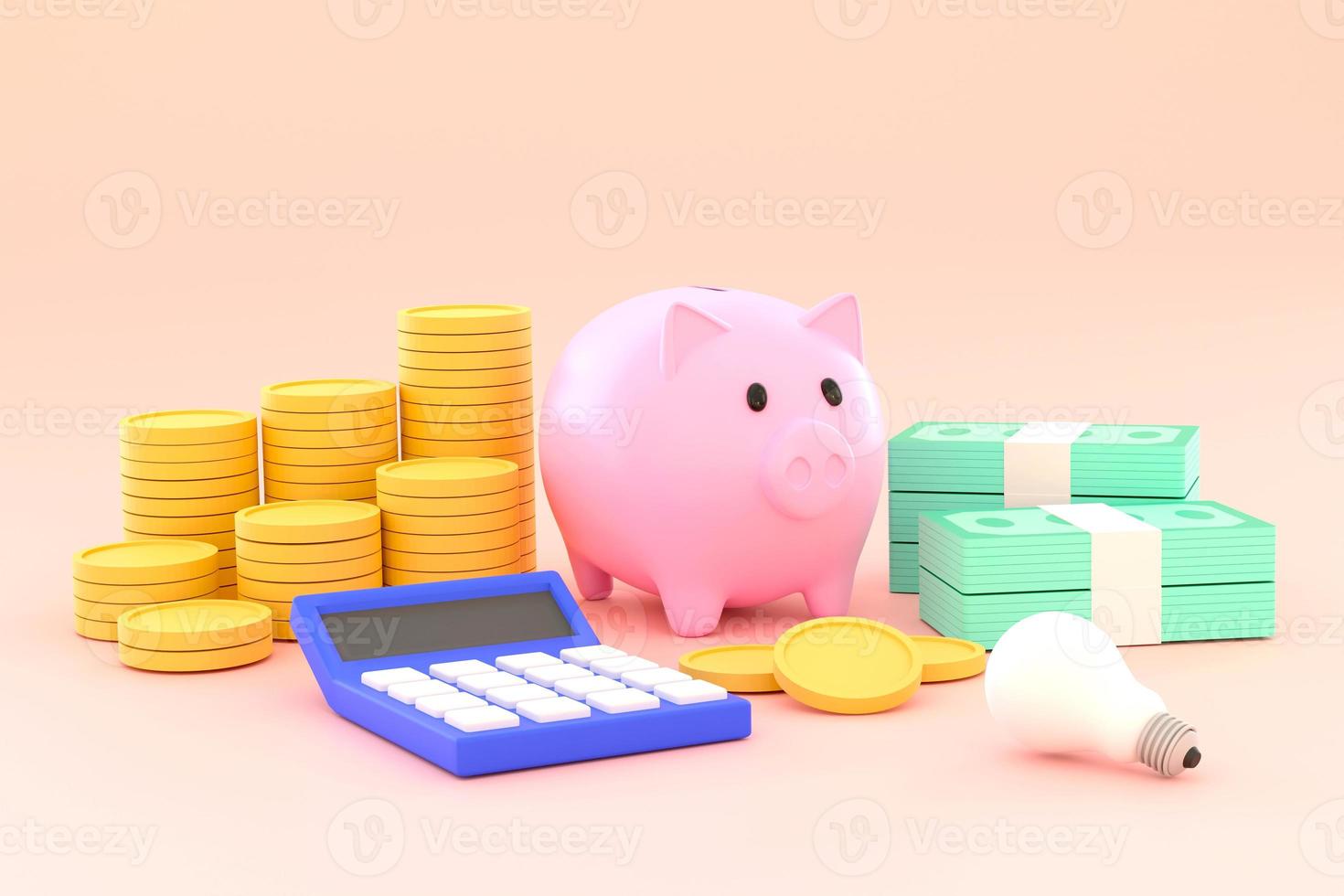 Piggy bank, stacks of coins, banknotes and calculators. savings and investment ideas photo