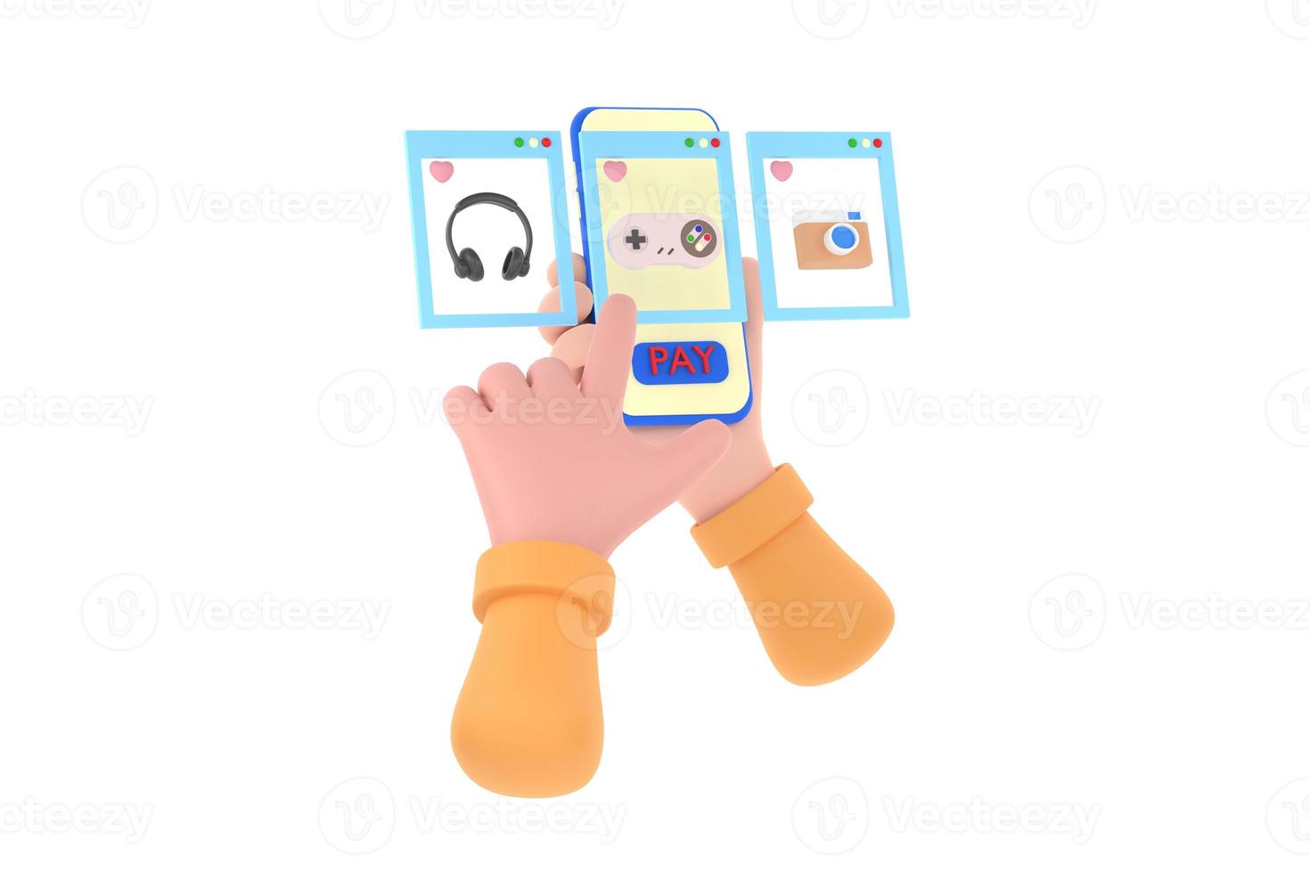 hand hold mobile screens Shopping app flat design template for mobile apps. Shopping online concept. photo