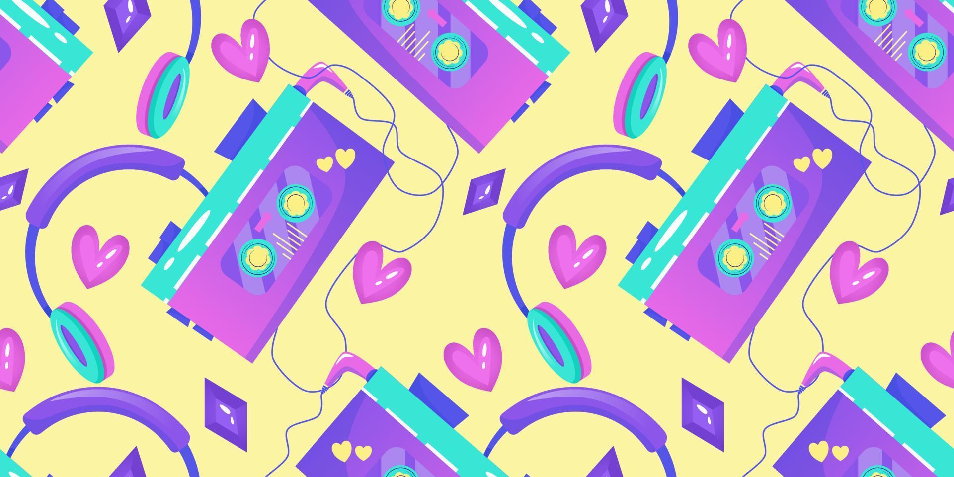 Patrón sin fisuras de los años 90 en estilo retro. ilustración de vector de estilo de dibujos animados de 1990. diseño vectorial de moda. color neon. auriculares de patrones sin fisuras, reproductor de cassette y strass