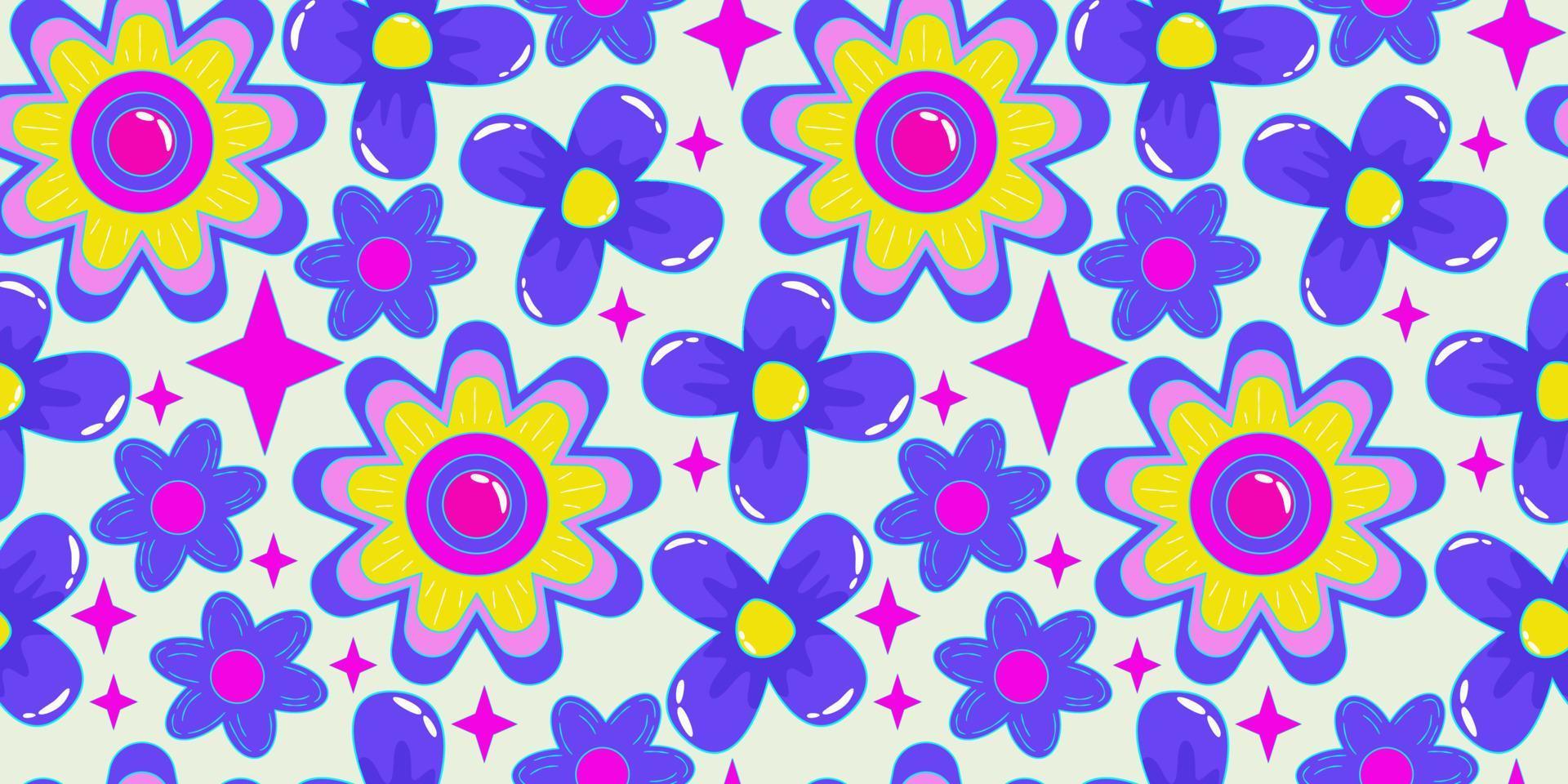 Flower power retro 1990 patrón sin costuras con margarita para el diseño de papel tapiz. estampado psicodélico. Poder de la flor. patrón floral retro de arte pop de moda. diseño transparente brillante vector