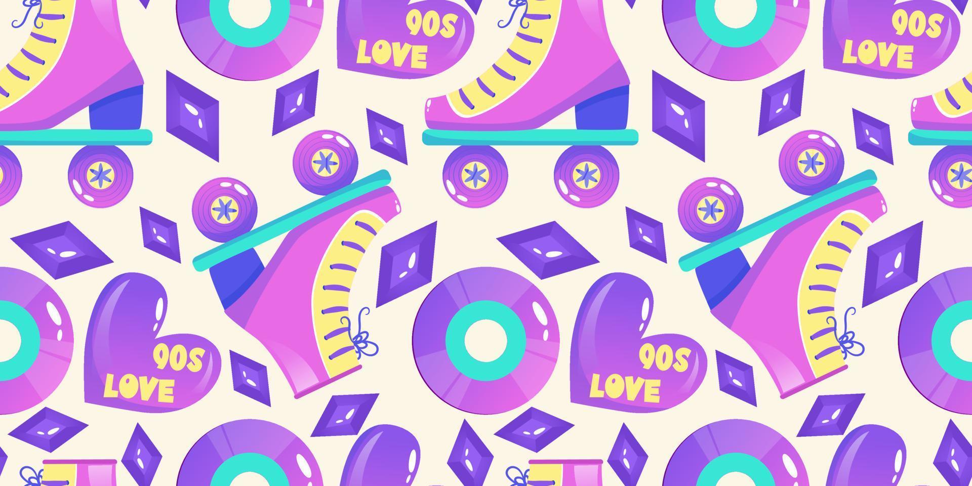 90s seamless pattern in retro style. Cartoon 1990 style vector illustration. Trendy vector design. Neon color. Seamless pattern with rollers, disk and heart.