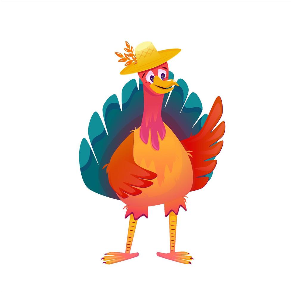Cartoon turkey thanksgiving character vector illustration isolated. Funny bird with hat character. Autumn bird cute turkey.