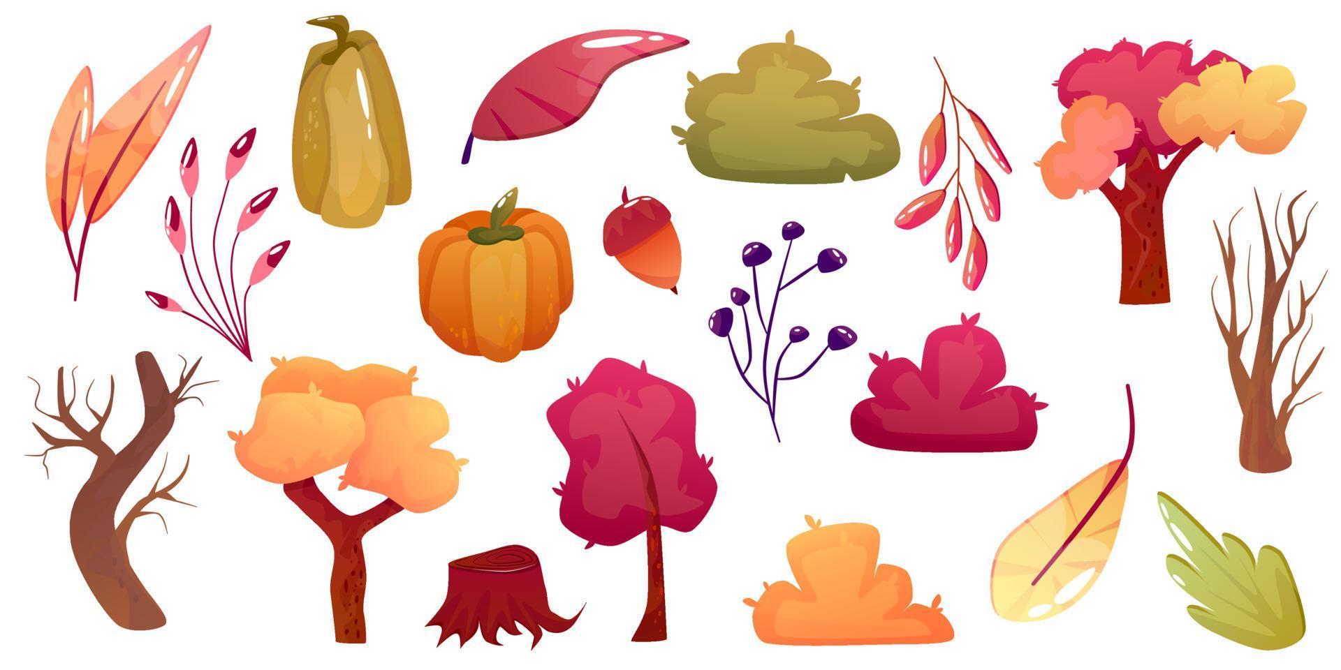 conjunto de otoño, clipart de cosecha de otoño aislado. ilustración vectorial plana de dibujos animados. lindo diseño de otoño. bellota, árbol, hoja y calabaza para el diseño de acción de gracias. vector