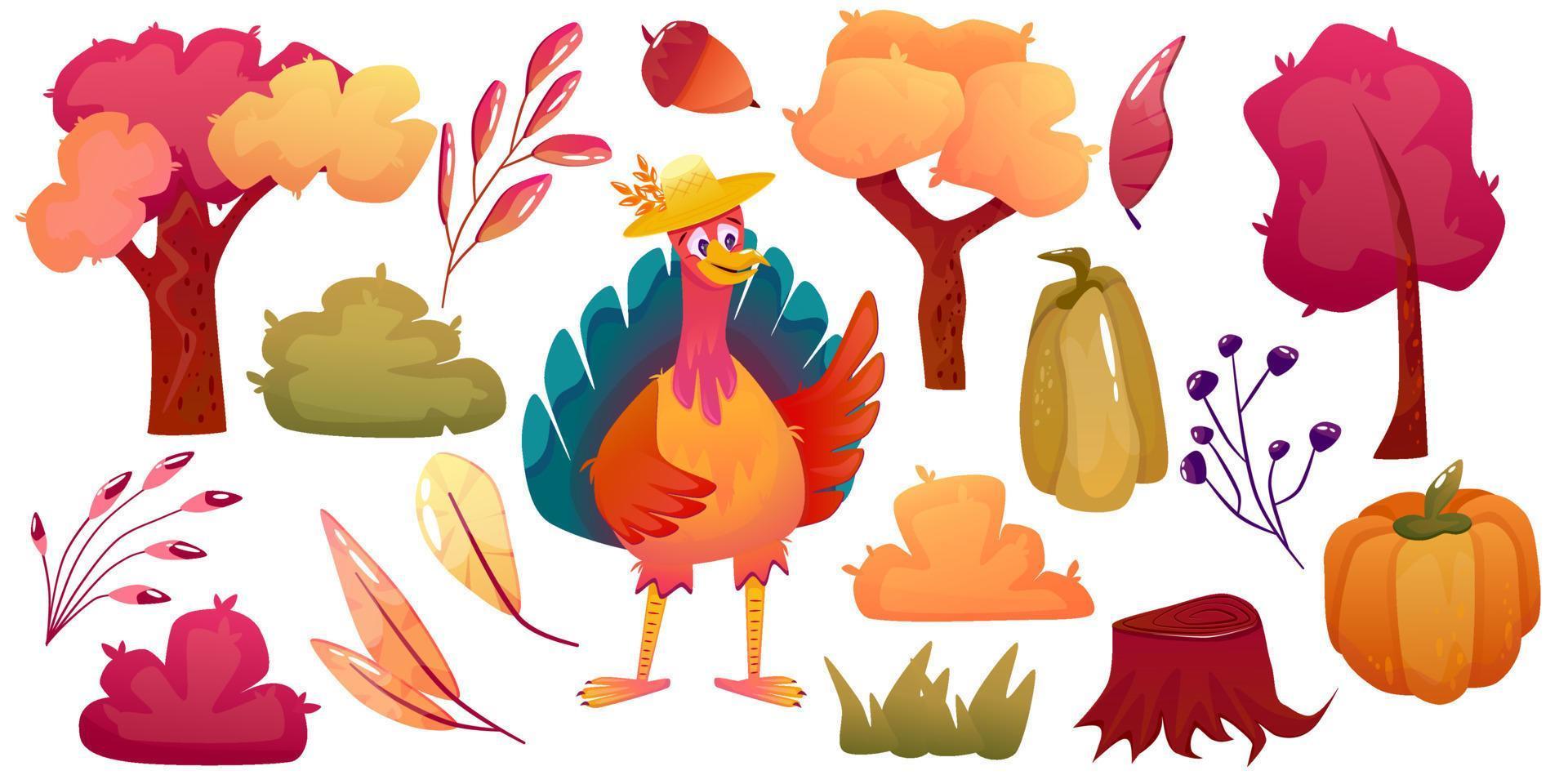 Cartoon turkey thanksgiving character and autumn clipart. Pumpkin, tree, acorn vector illustration isolated. Funny bird with hat character. Autumn bird cute turkey.