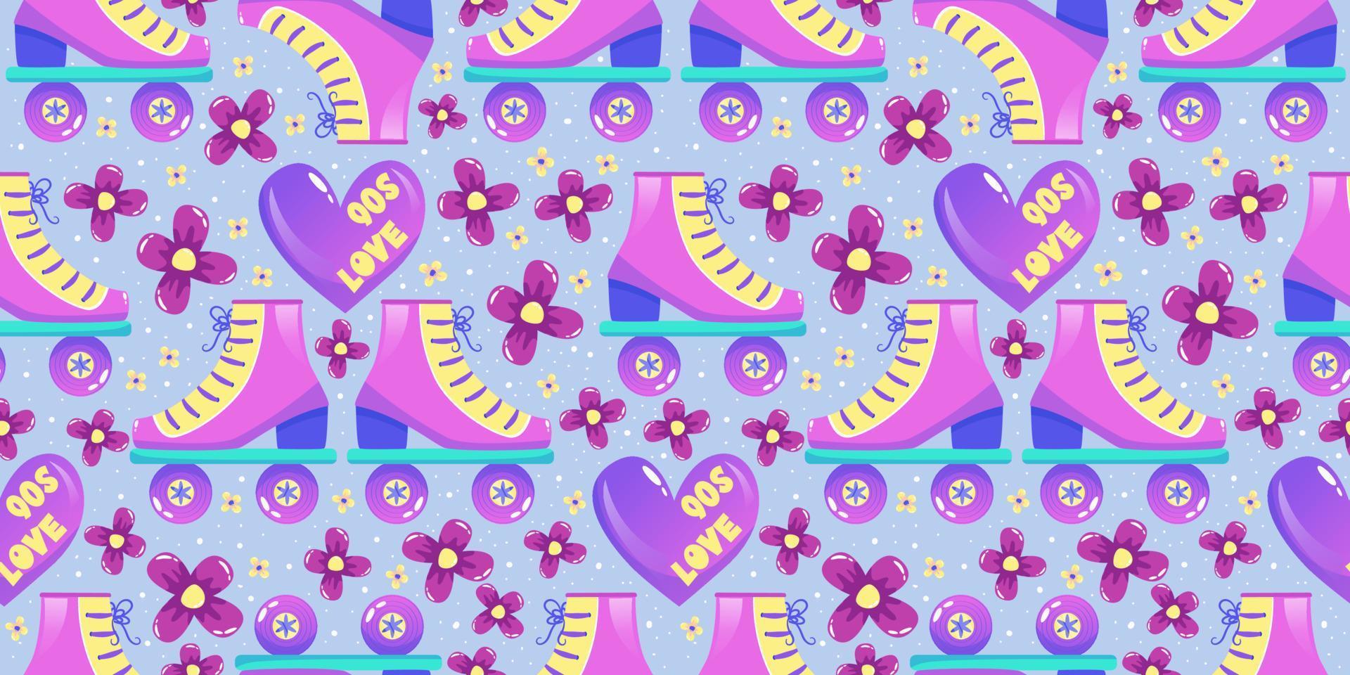 90s seamless pattern in retro style. Cartoon 1990 style vector illustration. Trendy vector design. Neon color. Seamless pattern with rollers, daisy and heart