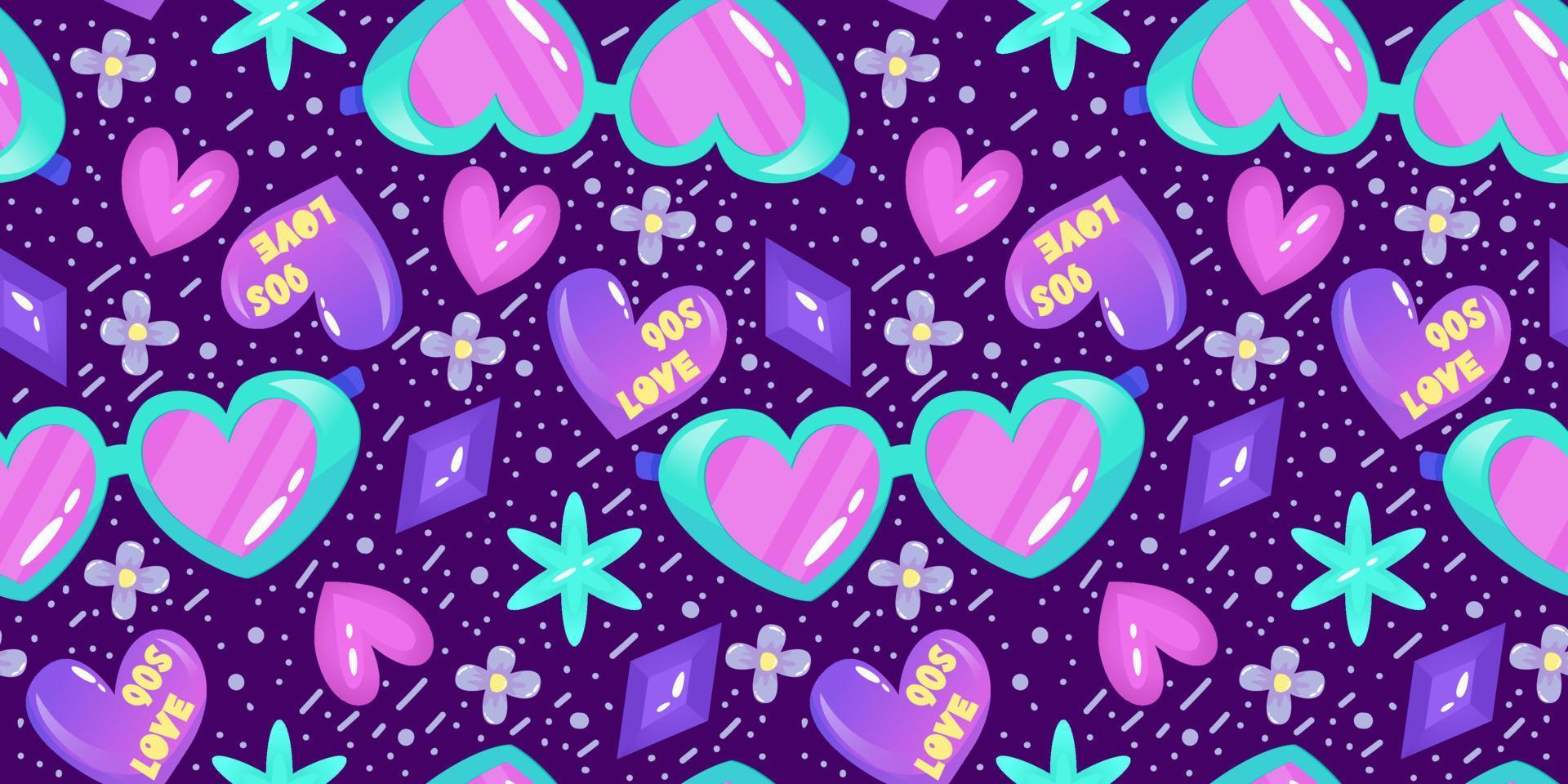 90s seamless pattern in retro style. Cartoon 1990 style vector illustration. Trendy vector design. Neon color. Seamless pattern with strasses, heart and glasses.