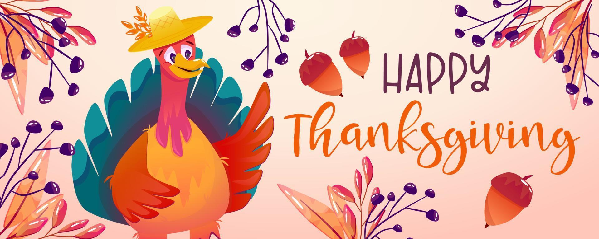 Cartoon turkey thanksgiving character autumn banner. Happy thanksgiving background. Funny bird with hat character. Autumn bird cute turkey. vector