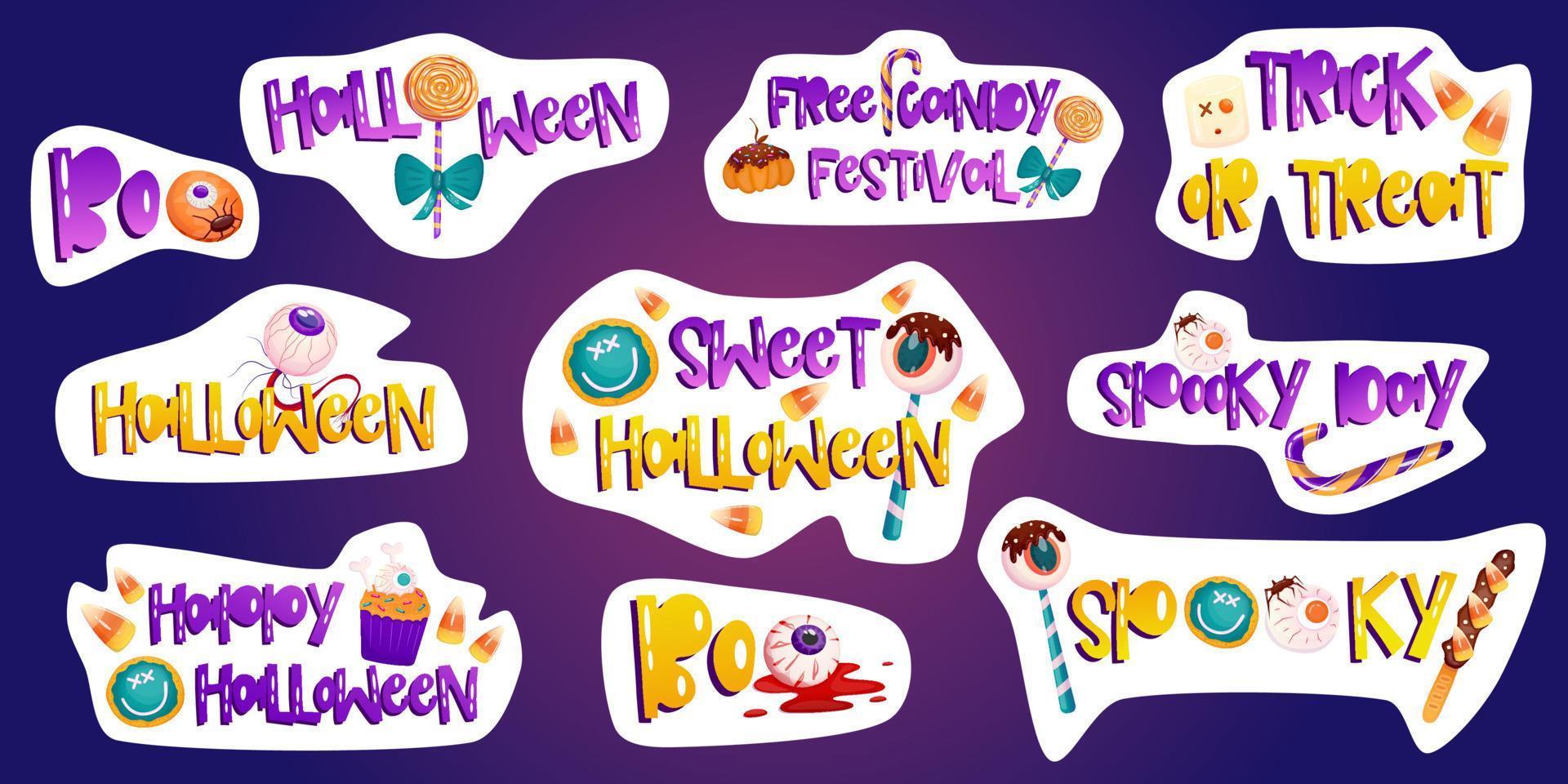 Trendy halloween sticker, with sweet spooky dessert. Vector set. Cartoon illustration for halloween
