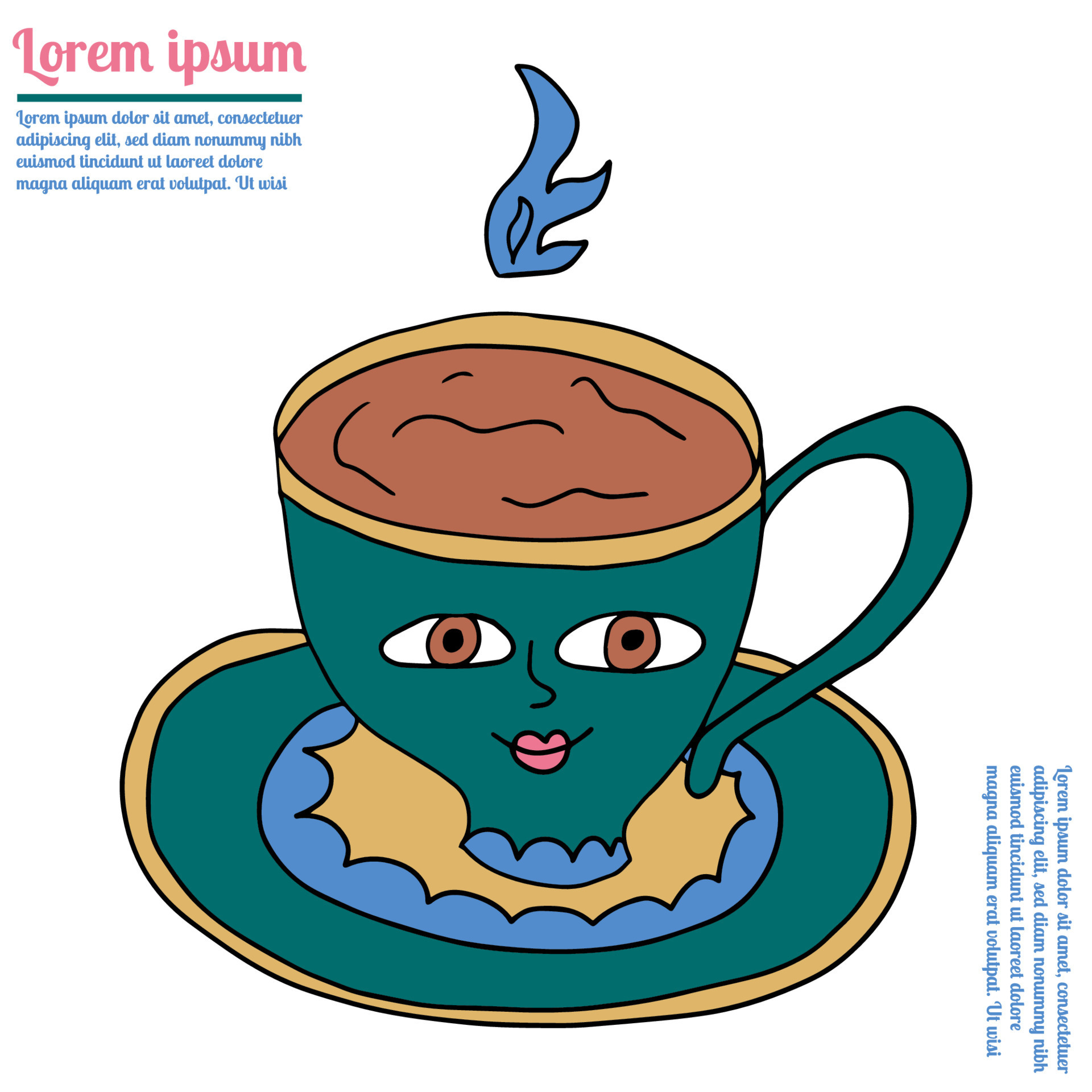 Cartoon doodle linear tea cup and saucer character isolated on white