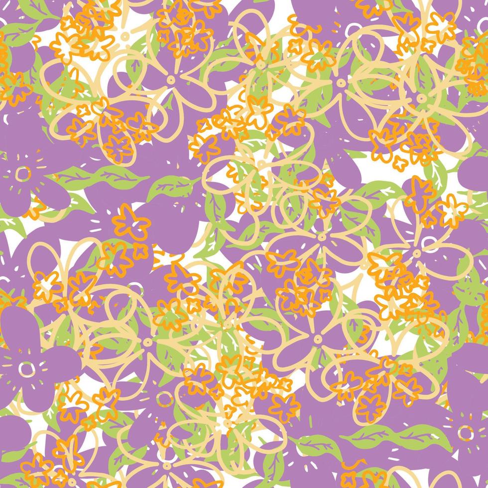 Abstract colorful doodle flower with curls seamless pattern. Messy fantasy floral background. vector