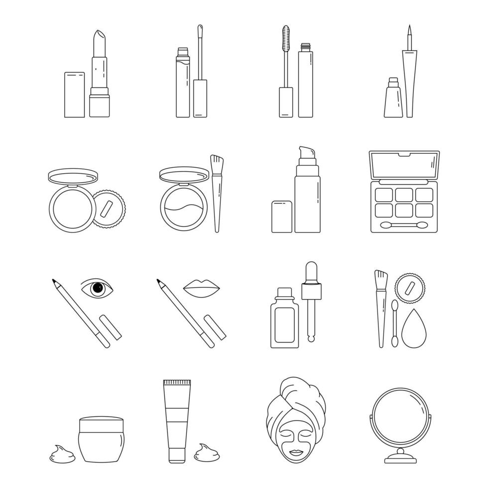 productos cosméticos conjunto de iconos de línea en blanco y negro. vector