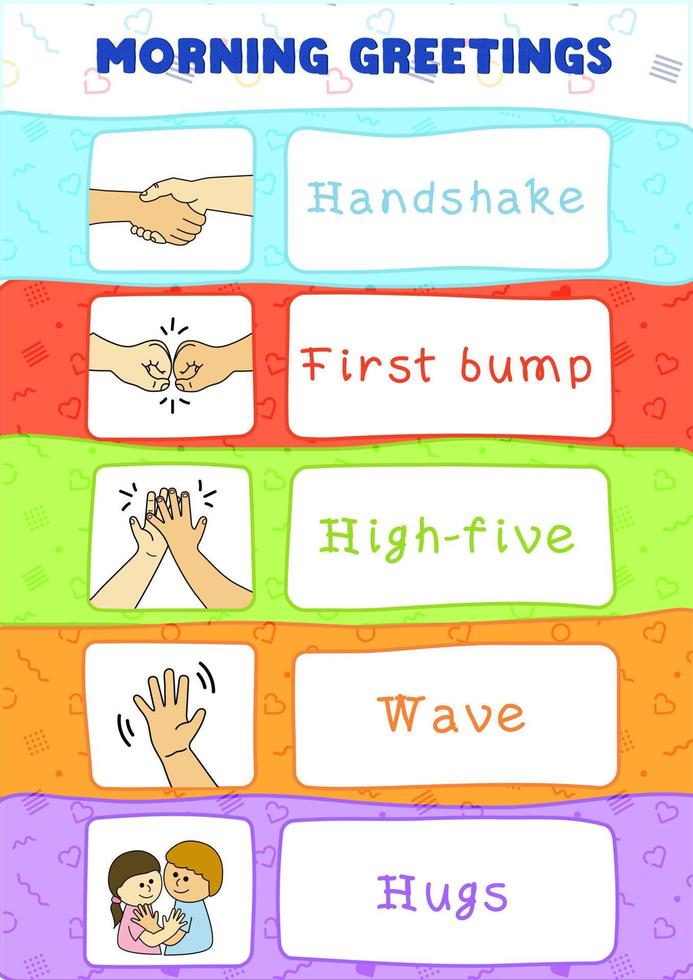 Classroom morning greetings, hug, hand shake, first bump, wave, high five vector