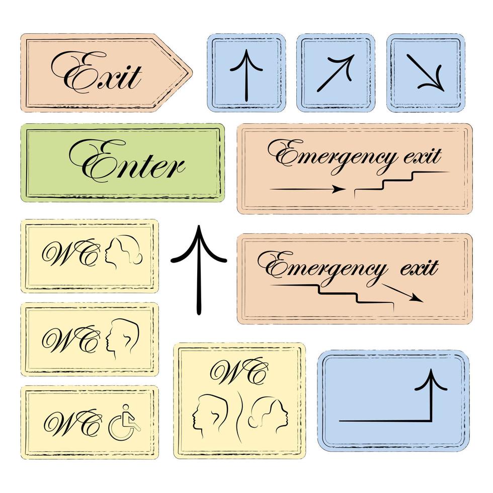 Wayfindings. Signs entry and exit from premises. Forbidding signs entry and exit, water closet. llustration, Vector. vector