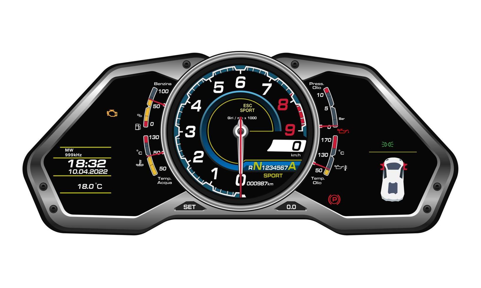 control realista del tablero de instrumentos del supercoche en el vector de fondo blanco