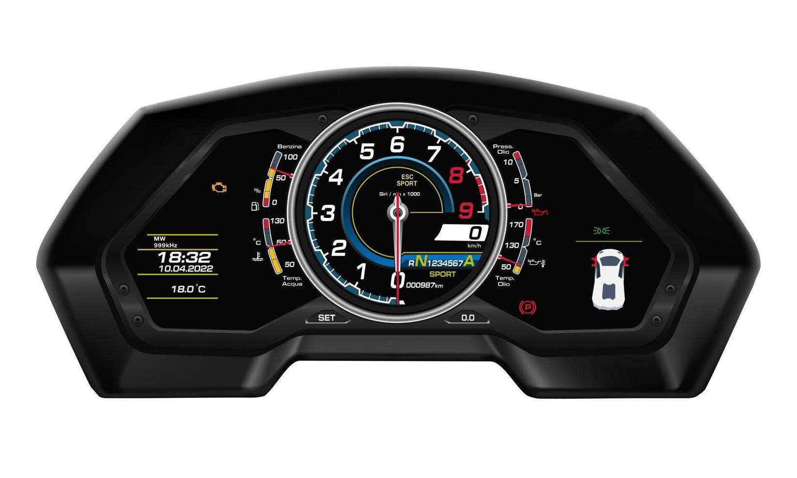 Realistic vector modern super car dashboard speed control digital technology black on white background