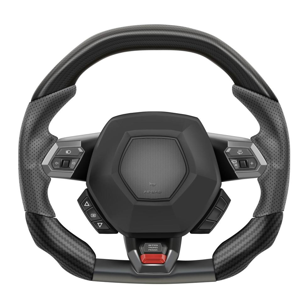 autopartes de supercoche de volante vectorial realista para control de dirección de dirección cubiertas con caucho gris y patrón de kevlar negro con modo de control en un blanco vector