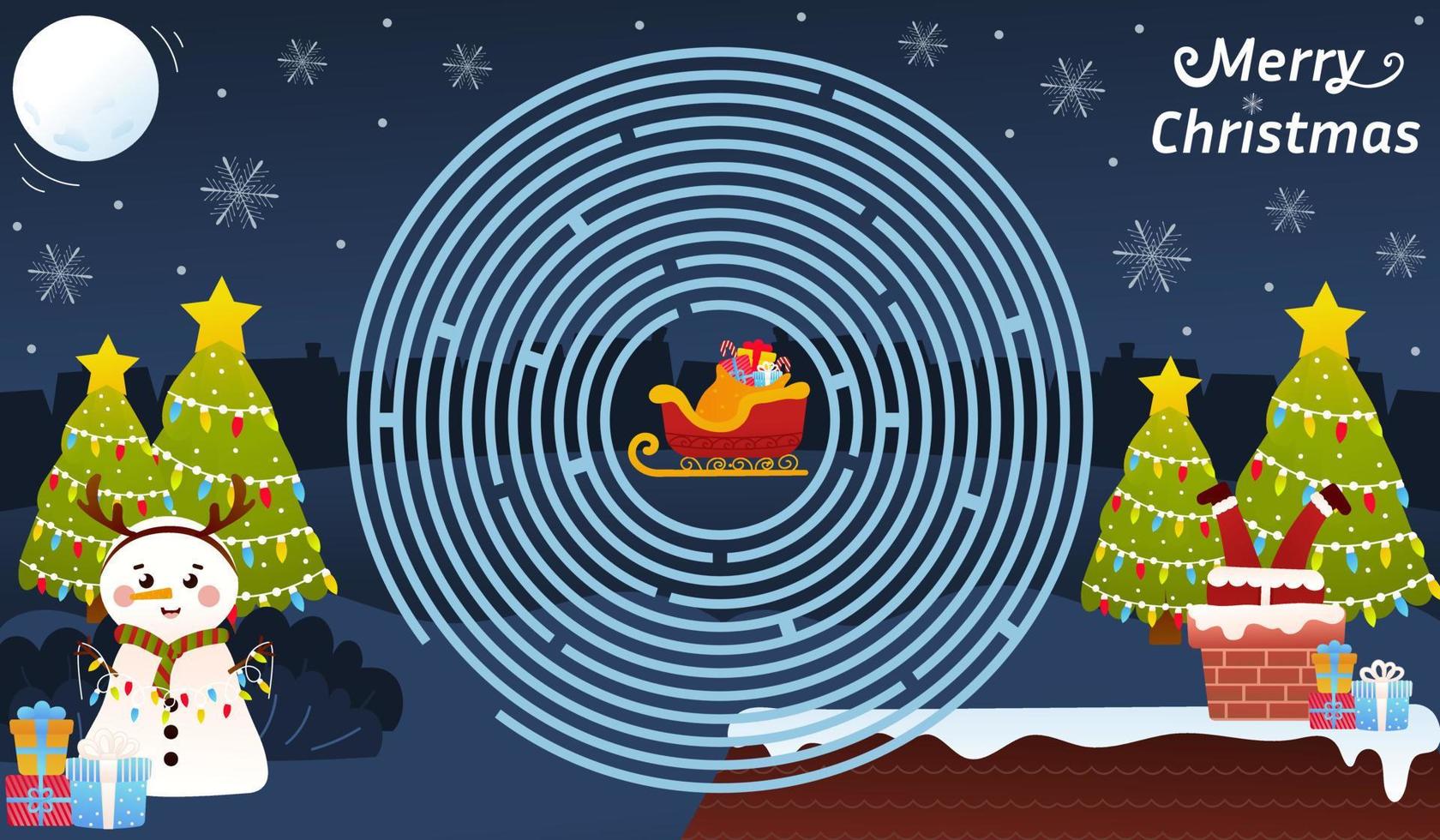 acertijo navideño para niños con santa claus en chimenea y muñeco de nieve, juego de laberinto circular, hoja de trabajo imprimible vector