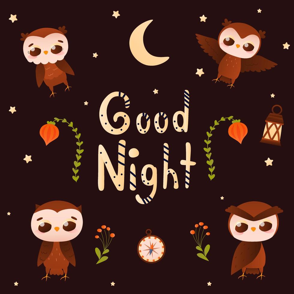 Cute childish animal set of owls in different poses on dark background with good night lettering, sweet dreams concept vector