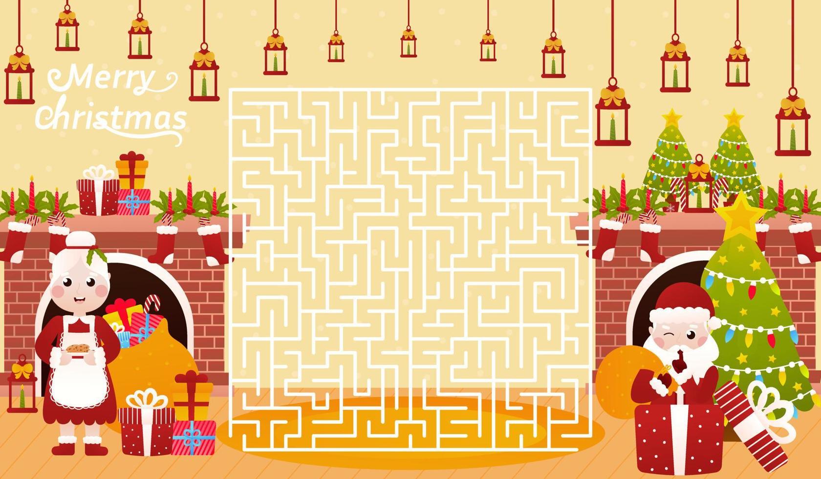 Christmas riddle for kids with santa claus hiding in gift box and mrs claus cooking Christmas cookies, labyrinth maze vector
