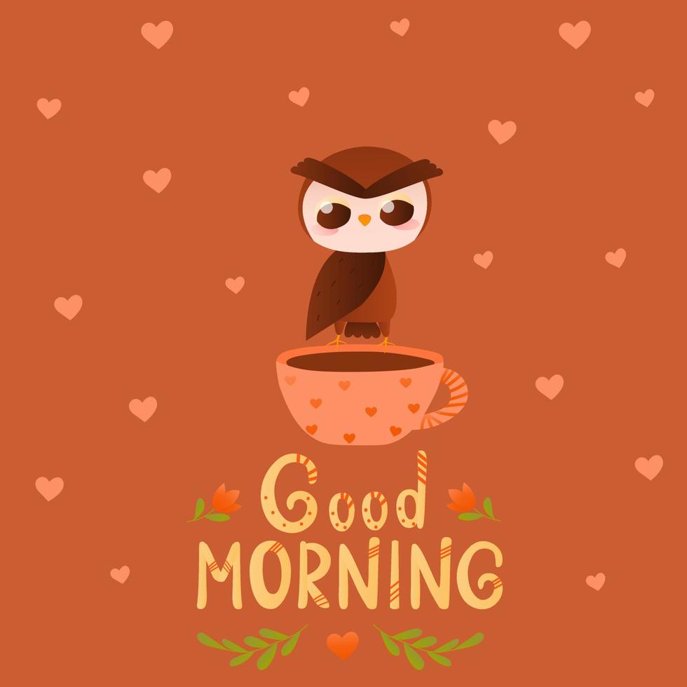 Good morning letternig with childish owl charcter sitting on cup of coffee, wake up concept in cartoon style vector