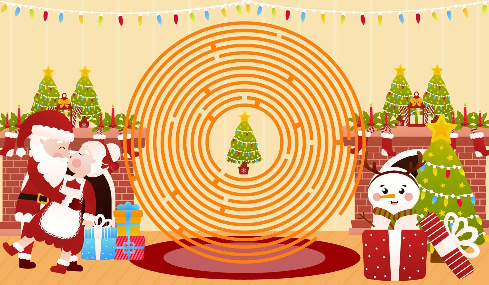 Christmas riddle for kids with mrs ans mrs claus kissing, cute snowman in gift box, circle maze game worksheet vector