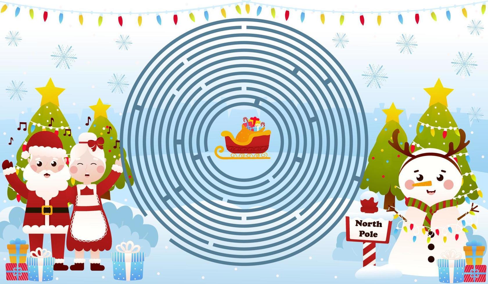 Christmas riddle for kids with mrs ans mrs claus are singing christmas carols with cute snowman, circle maze vector