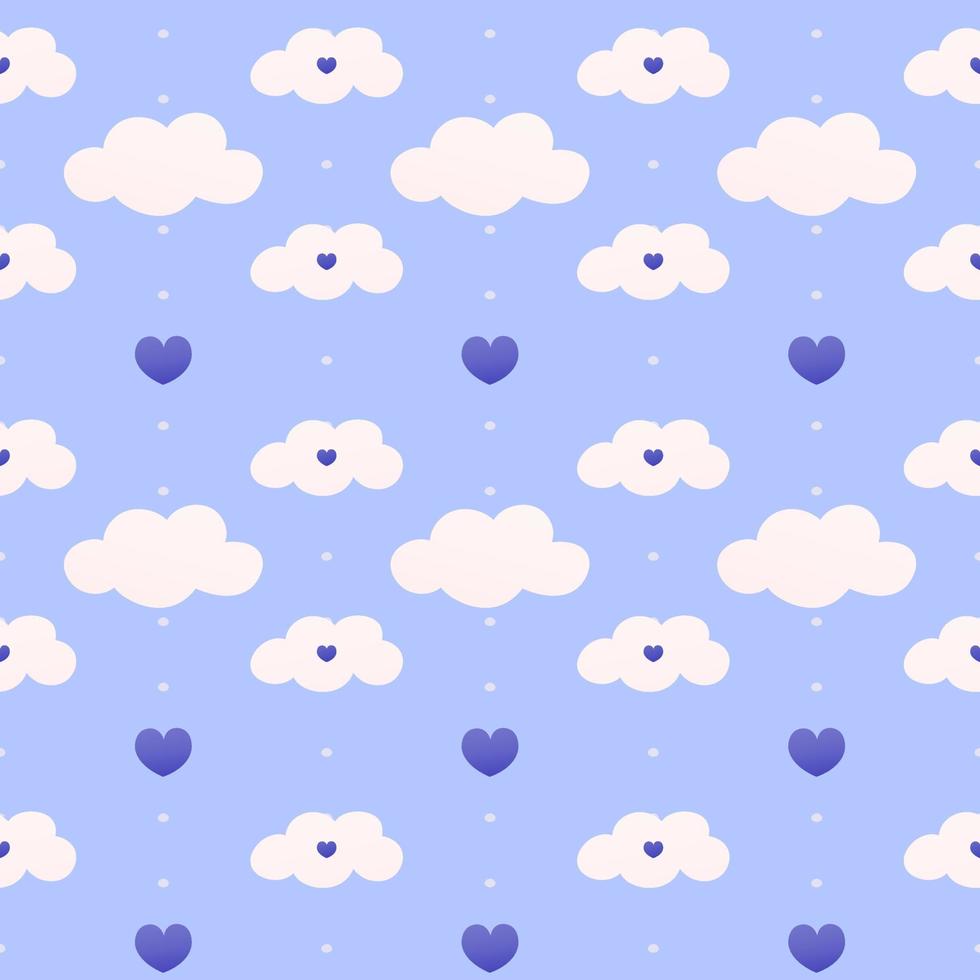 Light blue childish pattern for beeding, wrapping paper or baby shower, dotted seamless pattern with clouds, hearts vector