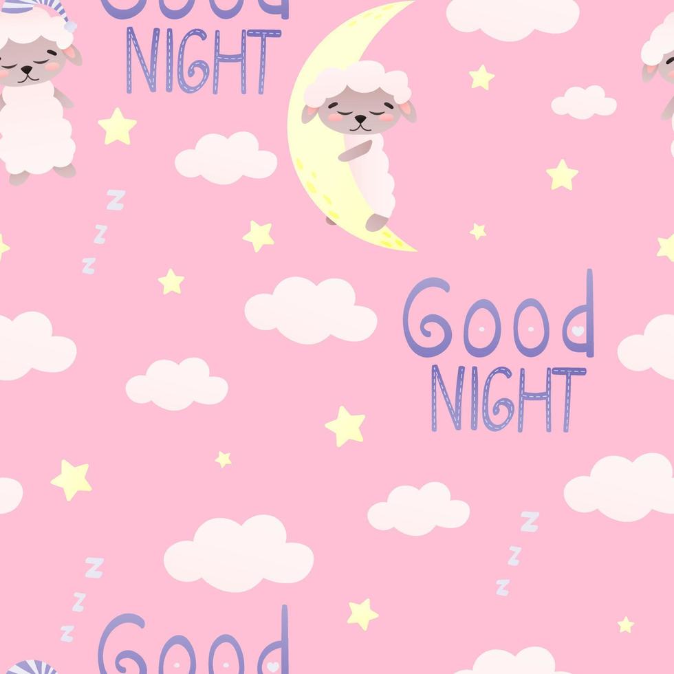 Sweet dreams seamless pattern for bedding on pink background with cute sheep sleeping on moon, clouds and stars around vector