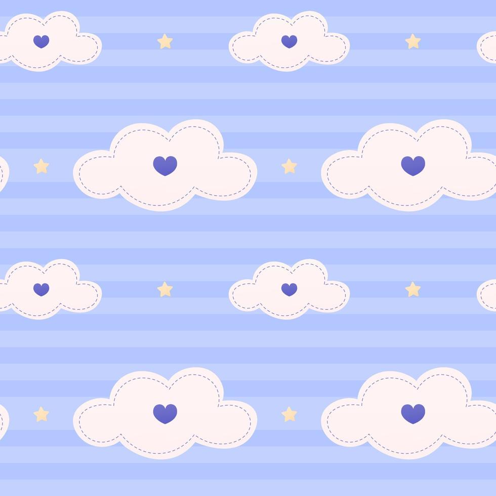 Cute bedding pattern for baby shower with clouds, stars and stripes, blue seamless pattern for kids, heart shapes vector