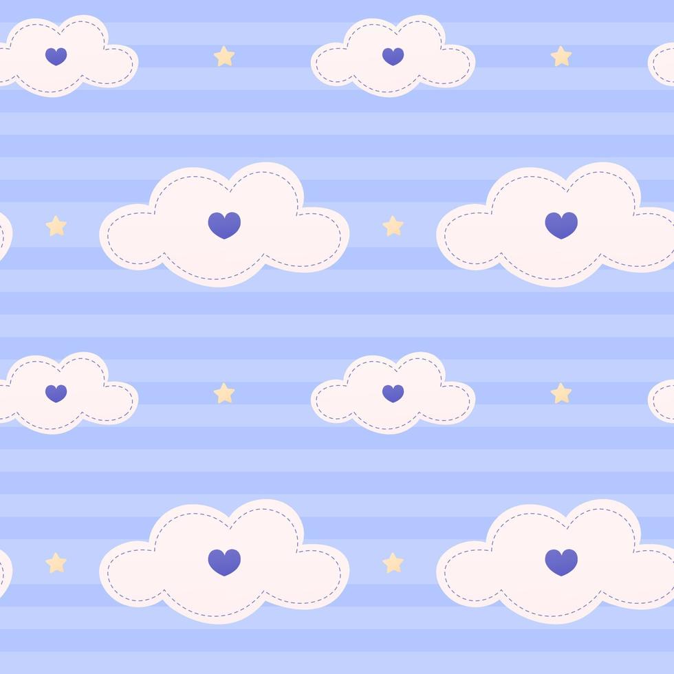 Cute bedding pattern for baby shower with clouds, stars and stripes, blue seamless pattern for kids, heart shapes vector