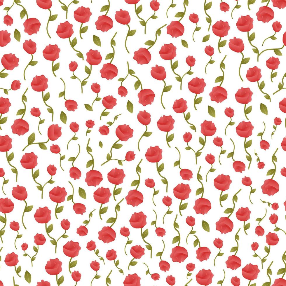 Red roses seamless pattern on white background in cartoon style for wrapping paper, bedding textile, spring flower vector