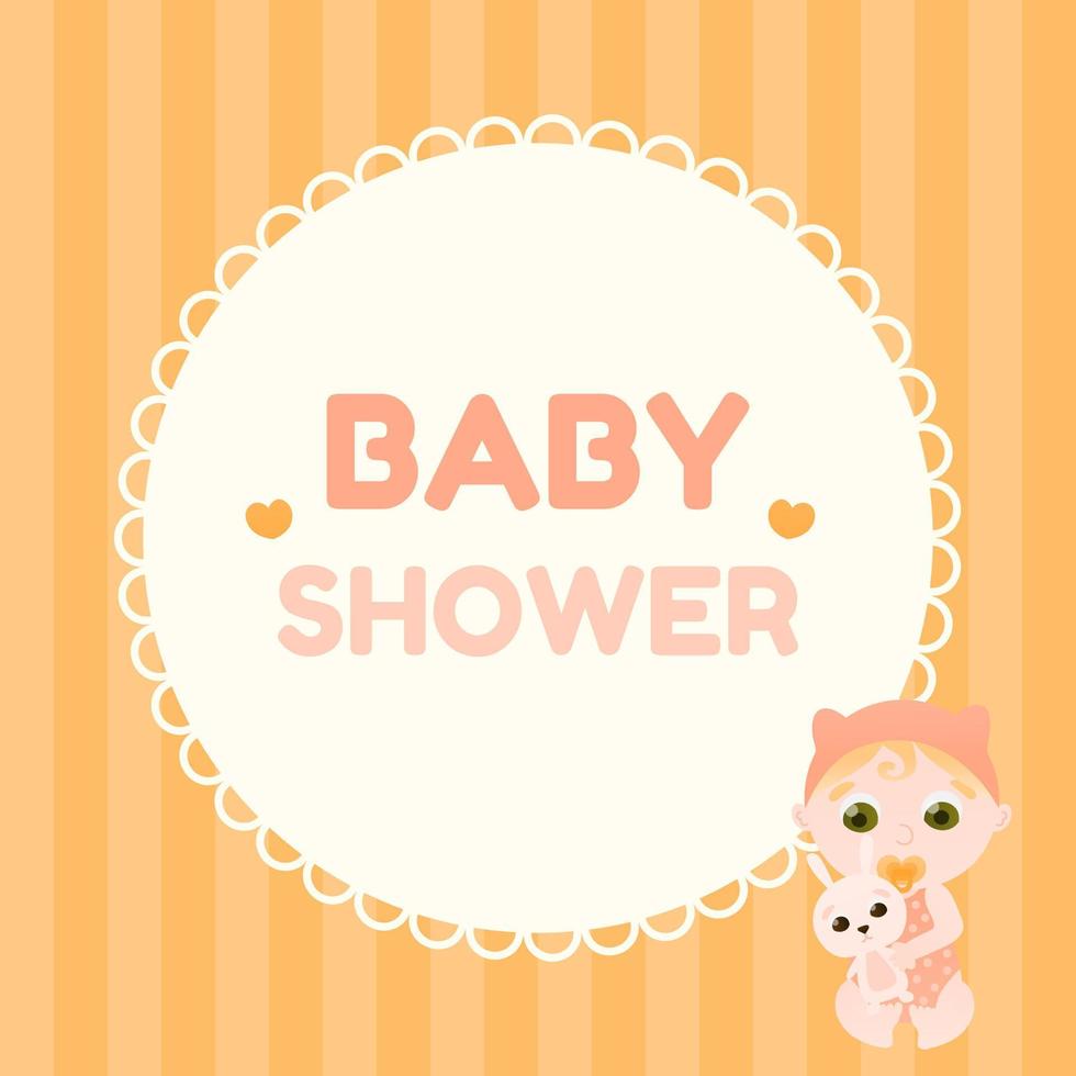 Greeting baby shower card with cute toddler playing with bunny, striped yellow background with circle vintage frame vector