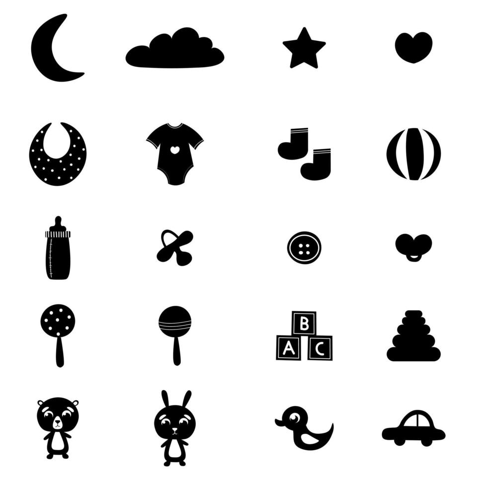 Collection of children items on white background in black and white style, silhouette of infant toys and clothes vector