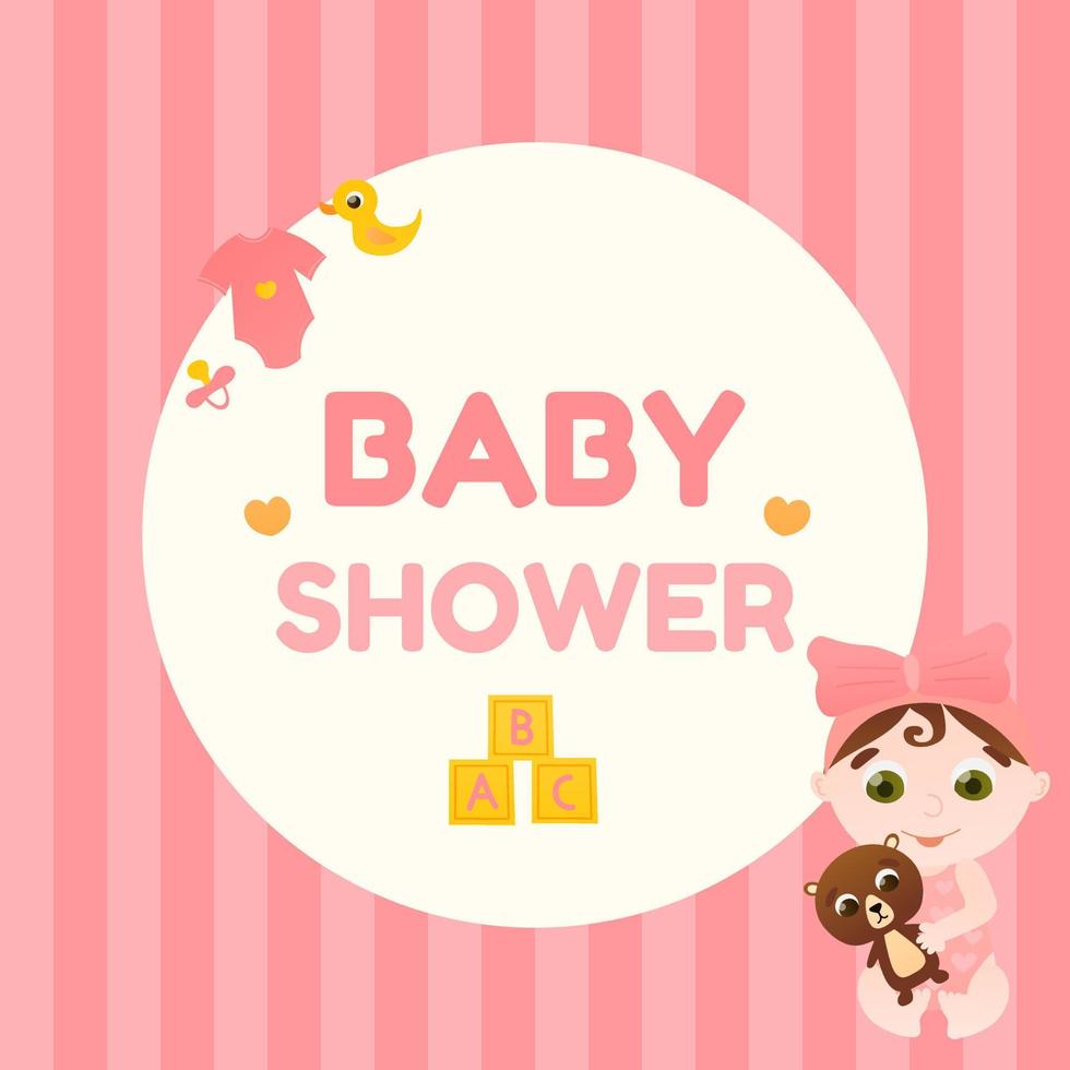 Layout for baby shower greeting card with cute toddler character playing with teddy bear sitting in cartoon style vector