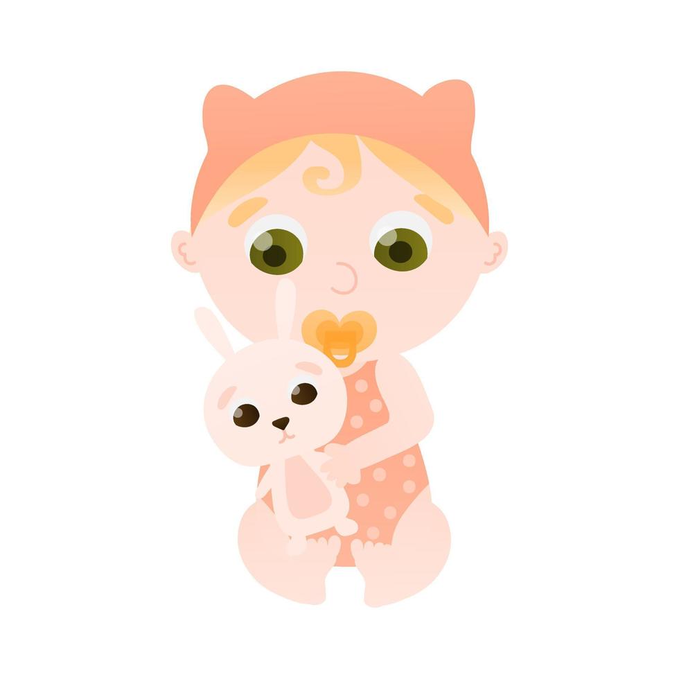 Cute baby holding and playing with bunny toy sitting on floor, indoor activit, infant character in cartoon style vector