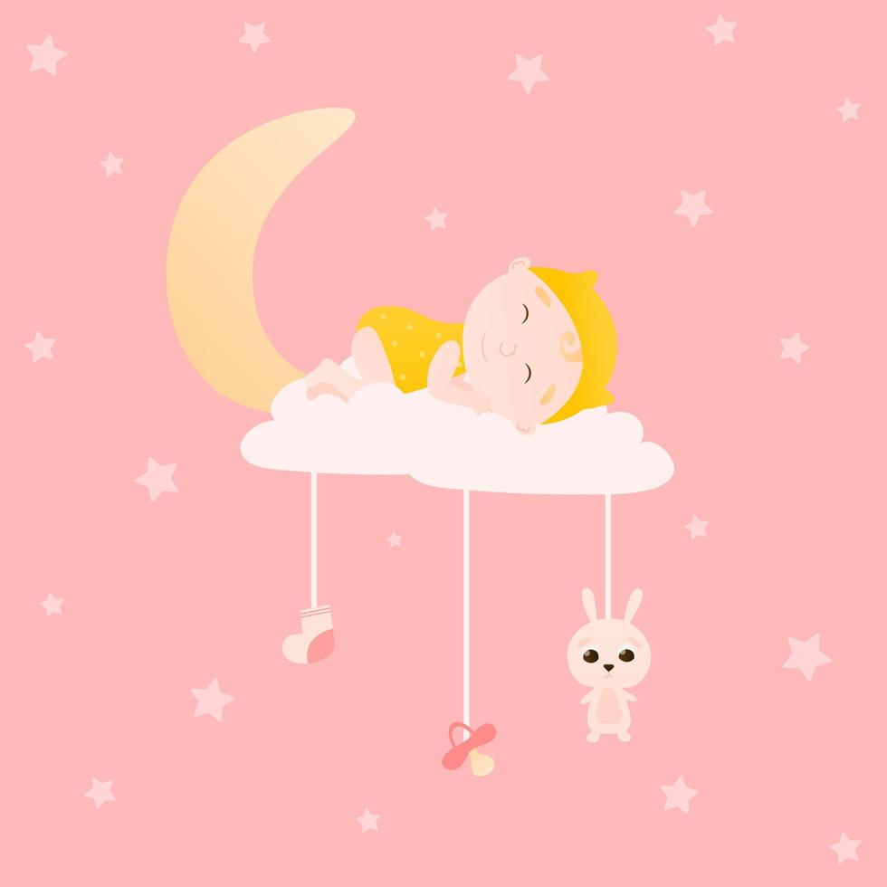 dulces sueños, niño pequeño durmiendo en la luna en las nubes sobre fondo de alfiler con elementos de estrellas, juguetes y elementos de bebé vector