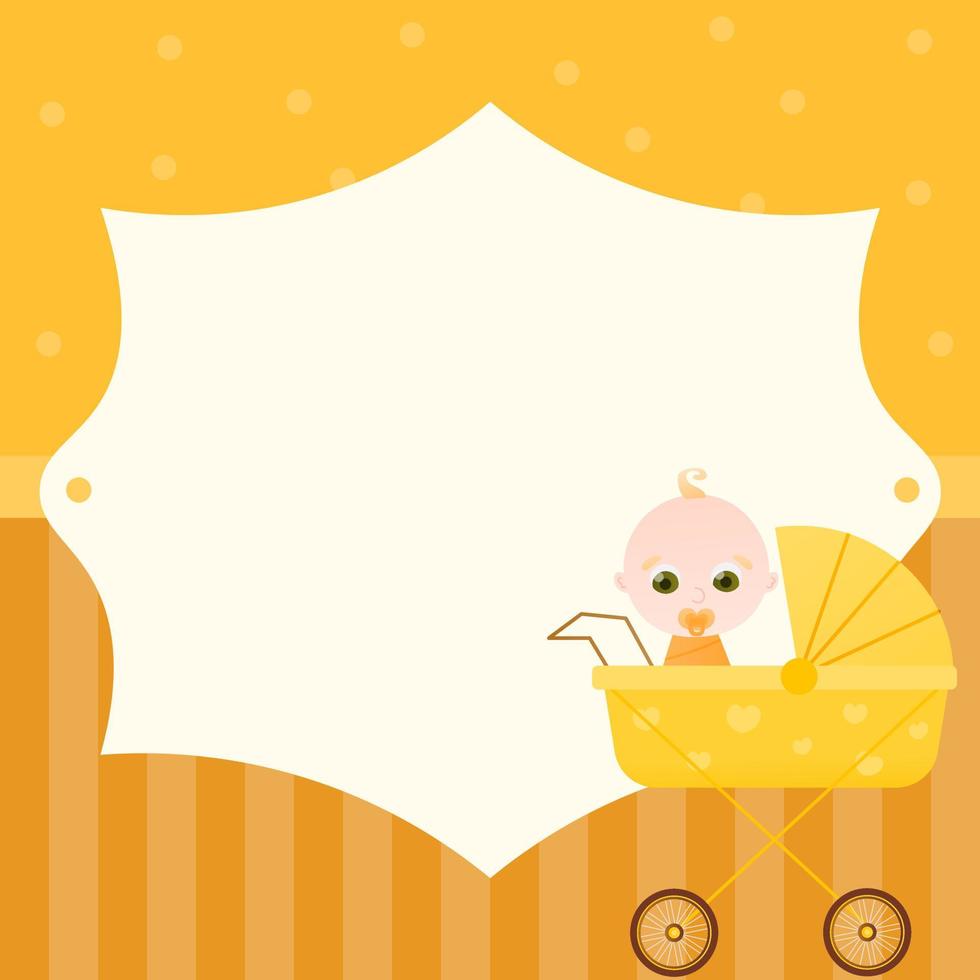 Baby shower invitation card, childbirth greeting design with cute newborn character in stroller on yellow background vector