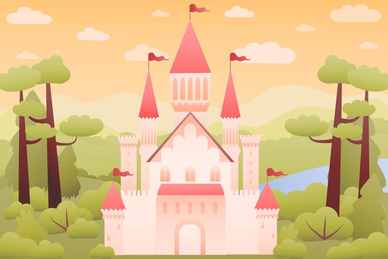 Fairy tale landscape with medieval fantasy pink castle, colourful hills, magical sky, illustration for games or children books, dreamlike royal mansion vector