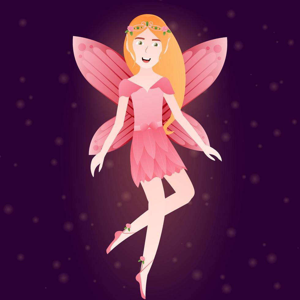 Beautiful flower fairy in pink dress with long blond hair flying on dark background in cartoon style, fantasy world vector