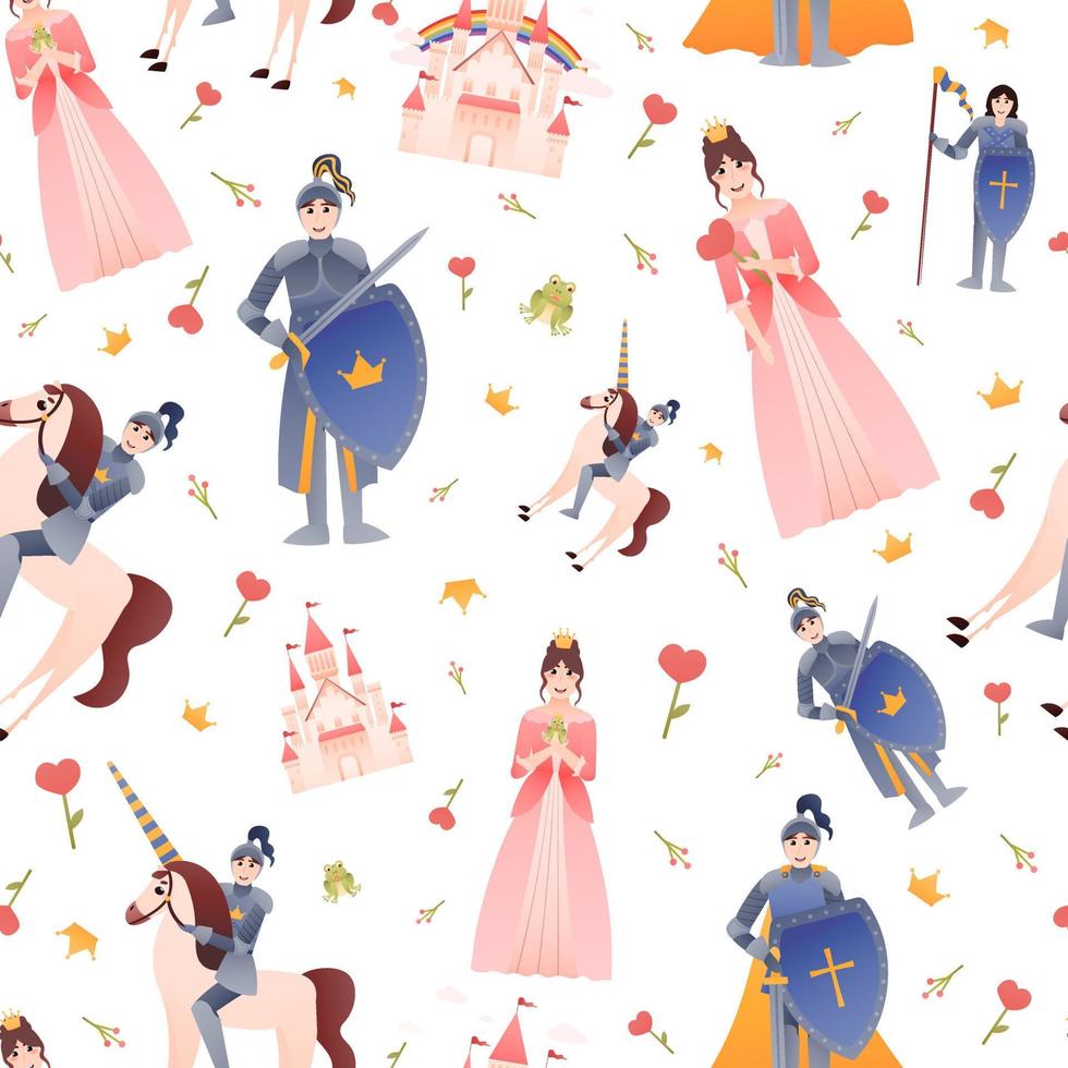 Fairy tale seamless pattern for kids textile or wrapping paper, princess and knight in different poses in cartoon style vector