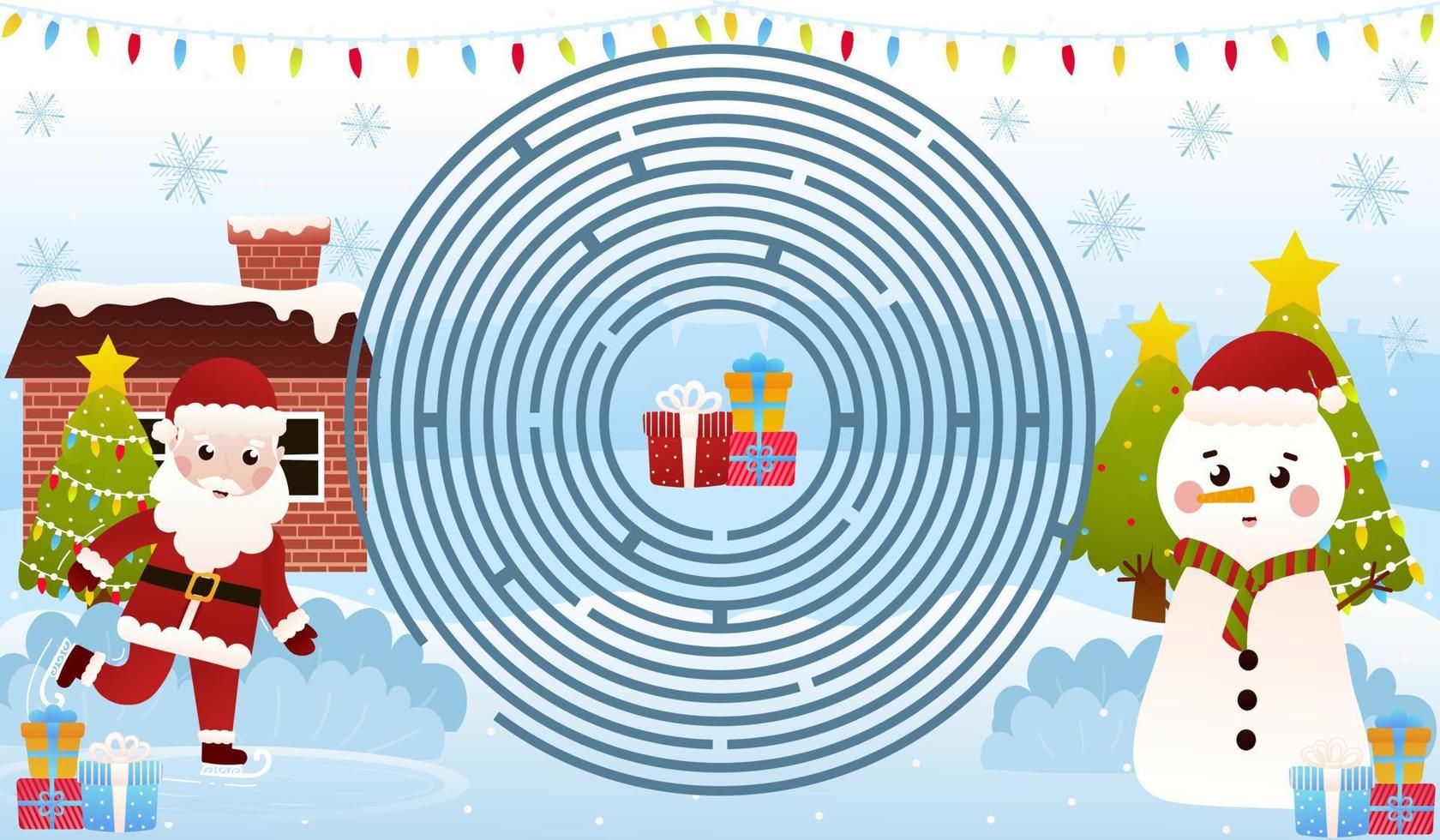 acertijo navideño para niños con santa claus esquiando, lindo muñeco de nieve saludando, juego de laberinto circular, hoja de trabajo imprimible vector