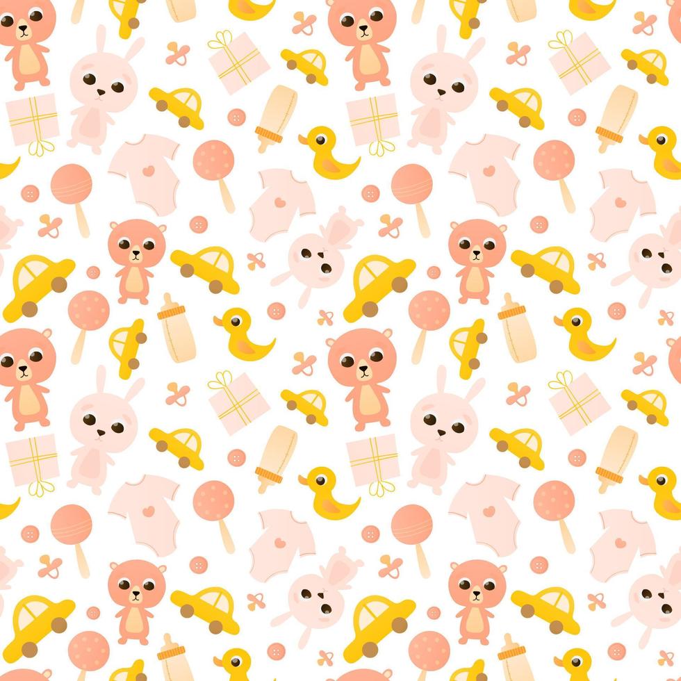 Baby shower seamless patern with related infant conceept with pink teddy, bunny toys and toddler clothes vector