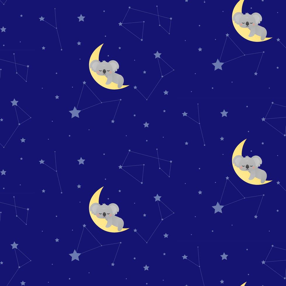 Little koala sleeping on the moon around stars childish pattern for textile,print, wrapping paper, baby shower vector illustration